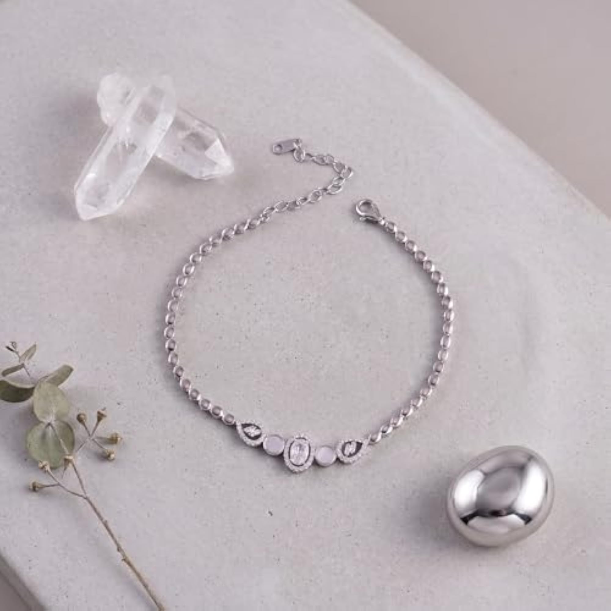 Women's 925 Sterling Beaded Bracelet, Crystal Oval Accent